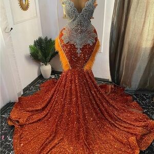 Stunning Orange Sequin Prom Gown